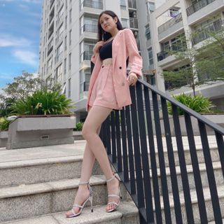 Set Áo Vest Áo Blazer Nữ Hồng Pastel 2 lớp có túi - Vải xịn Berska - ảnh thật + clip