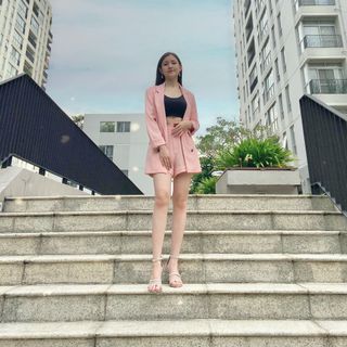 Set Áo Vest Áo Blazer Nữ Hồng Pastel 2 lớp có túi - Vải xịn Berska - ảnh thật + clip