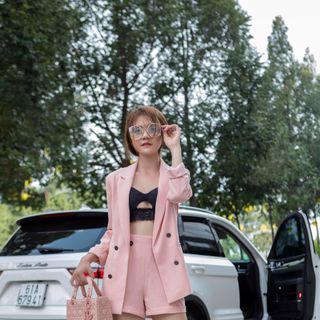 Set Áo Vest Áo Blazer Nữ Hồng Pastel 2 lớp có túi - Vải xịn Berska - ảnh thật + clip