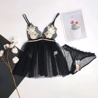 Đồ ngủ váy ngủ sexy thêu hoa ngực chất voan Quảng châu mềm mại