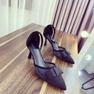 Giày sandal cao gót bít mũi lưới nơ sang chảnh