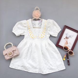 Váy trắng thêu hoa cổ chữ V cộc tay