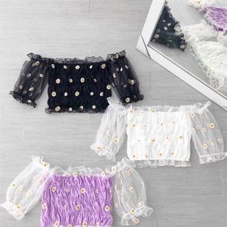 Áo Croptop nhún lưới hoa cúc