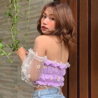 Áo Croptop nhún lưới hoa cúc