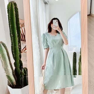 Đầm midi thắt eo xanh mint
