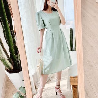 Đầm midi thắt eo xanh mint