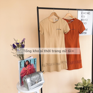 Váy cổ tròn dáng A nhún gấu thêu ngực