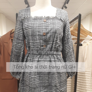 Váy dạ kẻ cổ vuông chun eo, rút rua ngực