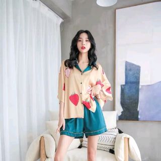 Đồ ngủ đồ mặc nhà đùi pijama phối Dâu chất lụa hàng Quảng châu mềm mịn giá sỉ