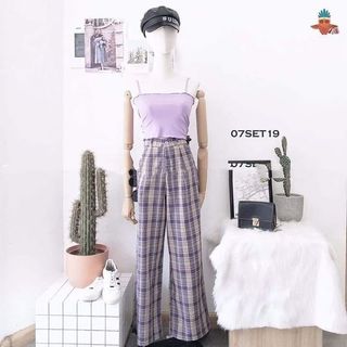 Set crop 2 dây + quần ông xuông caro giá sỉ