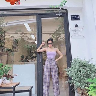 Set crop 2 dây + quần ông xuông caro
