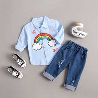 Đồ bộ bé trai áo sơ mi dài tay cầu vồng quần bò màu xanh