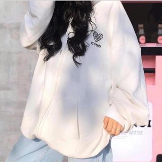 áo khoác nữ form rộng hoodie có dây kéo thêu tim