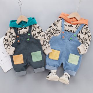 Set quần yếm bò mix áo thun in chữ có mũ cool ngầu TE-2627