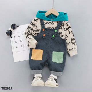 Set quần yếm bò mix áo thun in chữ có mũ cool ngầu TE-2627
