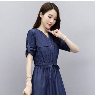 ĐẦM JEAN XOÈ EO RÚT CỔ V - DT1367