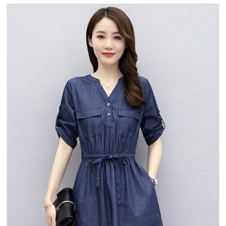 ĐẦM JEAN XOÈ EO RÚT CỔ V - DT1367