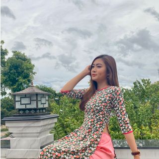 Áo dài truyền thống lụa hoa nhí xanh( set)