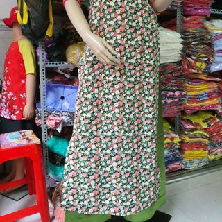Áo dài truyền thống lụa hoa nhí xanh( set)