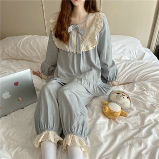 Đồ ngủ bánh bèo tay dài quần Dài Thô quảng Châu