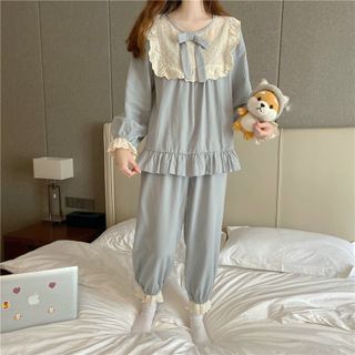 Đồ ngủ bánh bèo tay dài quần Dài Thô quảng Châu