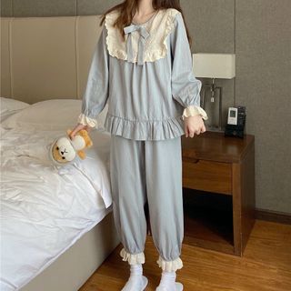 Đồ ngủ bánh bèo tay dài quần Dài Thô quảng Châu