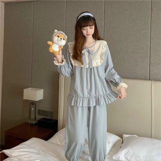 Đồ ngủ bánh bèo tay dài quần Dài Thô quảng Châu