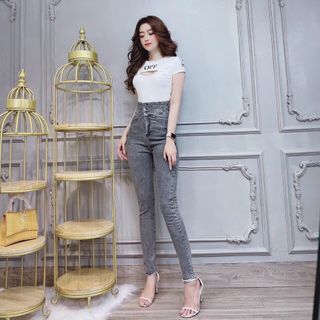 Quần jean nữ lưng cao 3 nút, jean co giãn cao cấp