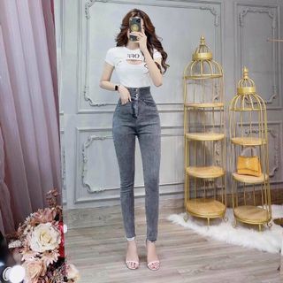 Quần jean nữ lưng cao 3 nút, jean co giãn cao cấp