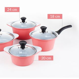 ECORAMIC-Bộ 4 nồi ceramic: nồi 1 tay cầm 18cm, Nồi 2 tay cầm 20-22-24cm tặng 1 cặp nhấc nồi sillicon giá sỉ