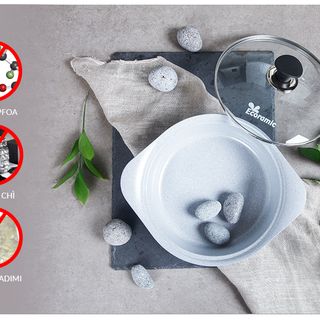 ECORAMIC-Bộ 4 nồi ceramic: nồi 1 tay cầm 18cm, Nồi 2 tay cầm 20-22-24cm tặng 1 cặp nhấc nồi sillicon