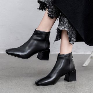 Giày boot nữ cổ ngắn mũi vuông gót tràn viền thời trang cao cấp gót vuông nữ cao 5cm - YH229D