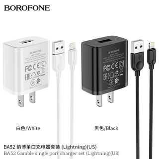 Bộ Cóc Cáp Sạc Borofone BA52 Cổng Lightning - 1 Cổng USB 2.1A chuẩn US