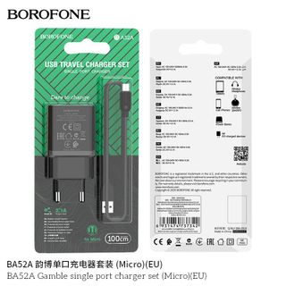 Bộ Cóc Cáp Sạc Borofone BA52A Cổng Micro - 1 Cổng USB 2.1A chuẩn EU