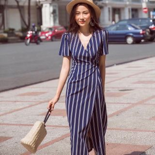 Đầm Suông Xanh Sọc Đắp Tà Cột Eo