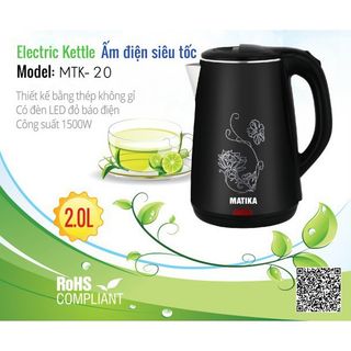 Ấm siêu tốc Matika MTK-20 đen thiết kế đẹp mắt dung tích lớn 2L