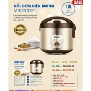Nồi cơm điện Matika MTK-RC0911 (1,8L) sang trọng, nấu siêu nhanh