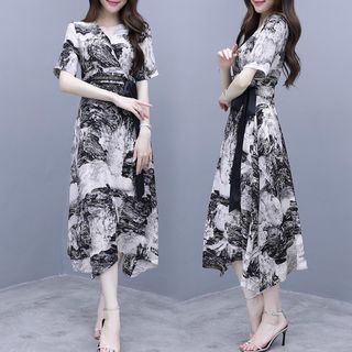 ĐẦM XOÈ HOẠ TIẾT DÂY NƠ ĐEN - DT1384 - chuyên sỉ thời trang nữ giá gốc