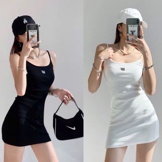 Đầm Body Gân Trắng Đen Thêu Chữ