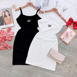 Đầm Body Gân Trắng Đen Thêu Chữ