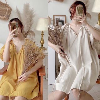 Đầm suông vàng xám tay phồng cột nơ