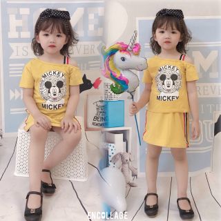 (XẢ KHO) SET ÁO & QUẦN GIẢ VÁY MISCKEY XẺ VAI CHO BÉ 3 MÀU SÀNH ĐIỆU TỪ 3 THÁNG ĐẾN 4 TUỔI