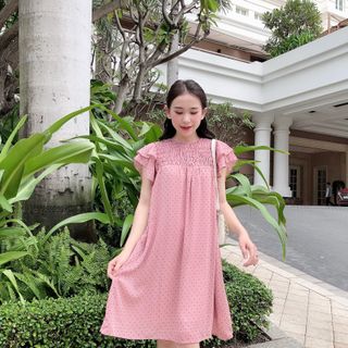 Đầm Voan Hồng Trắng Nude Nhún Ngực