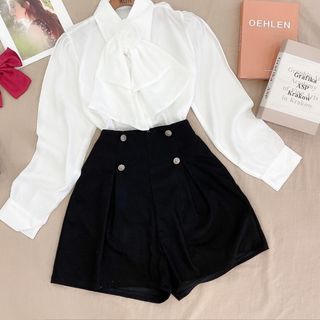 Set Áo Sơ Mi Trắng Kèm Nơ Phối Quần