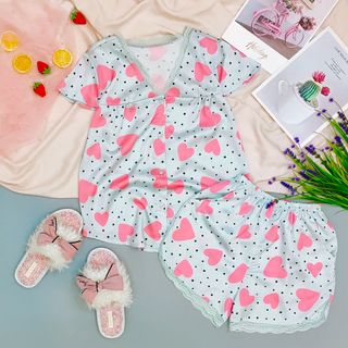 Đồ ngủ đồ mặc nhà đùi cổ V ren Họa tiết chất lụa hàng việt nam