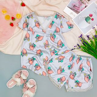 Đồ ngủ đồ mặc nhà đùi cổ V ren Họa tiết chất lụa hàng việt nam