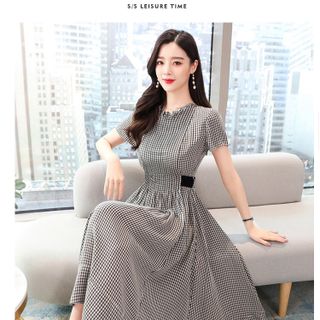ĐẦM XOÈ CARO CỔ NHÚN - DT1382 - xuong may do thanh gia si