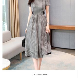 ĐẦM XOÈ CARO CỔ NHÚN - DT1382 - xuong may do thanh gia si