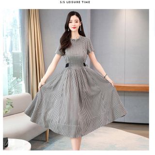 ĐẦM XOÈ CARO CỔ NHÚN - DT1382 - xuong may do thanh gia si