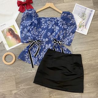 Set Váy Hoa TRắng Xanh Nơ Eo